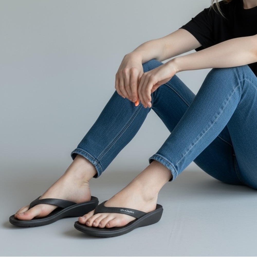OKABASHI -‎ SIZE MEDIUM - BLACK - SPLASH WEDGE - FLIP FLOPS - SANDALS - S4